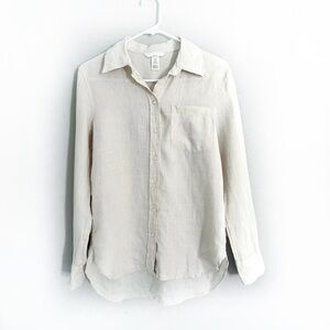 H&M Off White Ivory Beige 100% Linen Button Front Oversized Top High Low